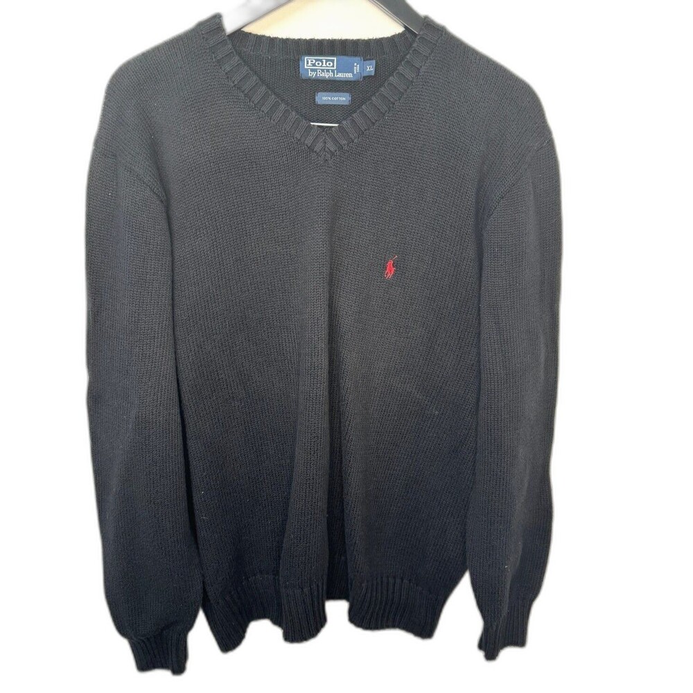 Polo Ralph Lauren Vintage Cotton Knit Black V-Neck Pullover Sweater Red Pony XL